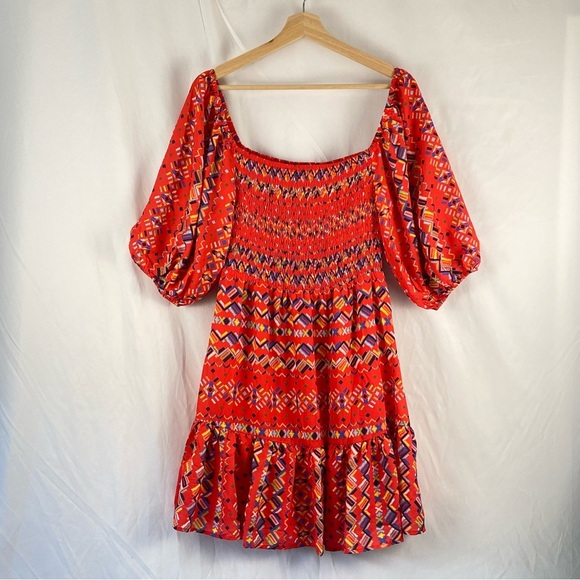 A. Calin By Flying Tomato Bohemian Smocked Tiered Bubble Puff Sleeve Dress Large - Picture 1 of 16